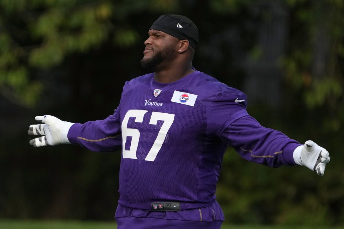 Oct 4, 2024; Watford, United Kingdom; Minnesota Vikings guard Ed Ingram (67) during practice at The Grove. Mandatory Credit: Kirby Lee-Imagn Images