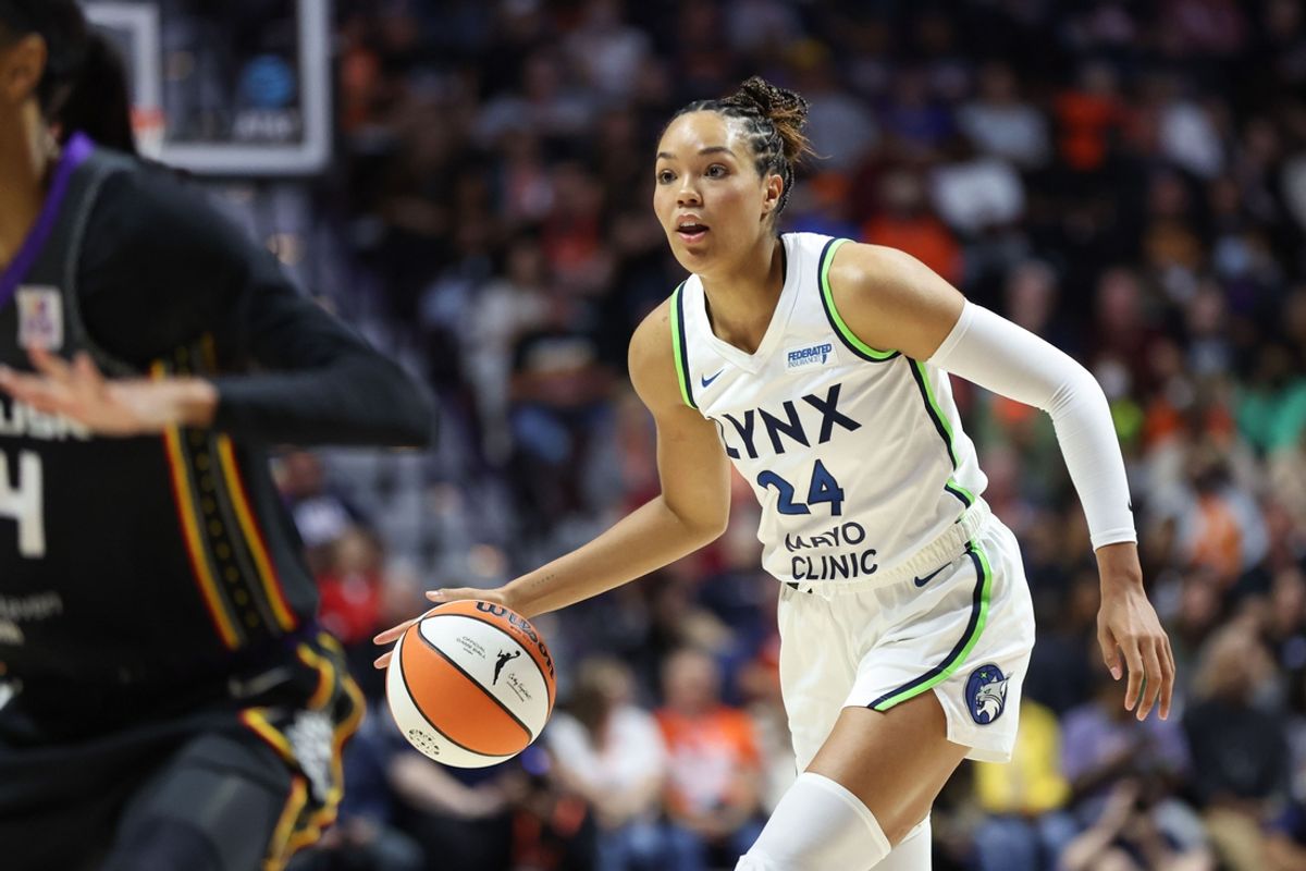 Oct 4, 2024; Uncasville, Connecticut, USA; Minnesota Lynx forward Napheesa Collier (24) dribbles the ball during the first half against the Connecticut Sun during game three of the 2024 WNBA Semi-finals at Mohegan Sun Arena. Mandatory Credit: Paul Rutherford-Imagn Images