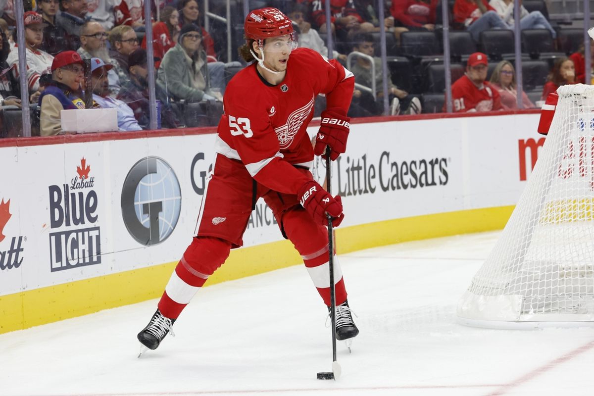 Oct 4, 2024; Detroit, Michigan, USA;  Detroit Red Wings defenseman Moritz Seider (53) skates with the puck in the third period against the Ottawa Senators at Little Caesars Arena. Mandatory Credit: Rick Osentoski-Imagn Images