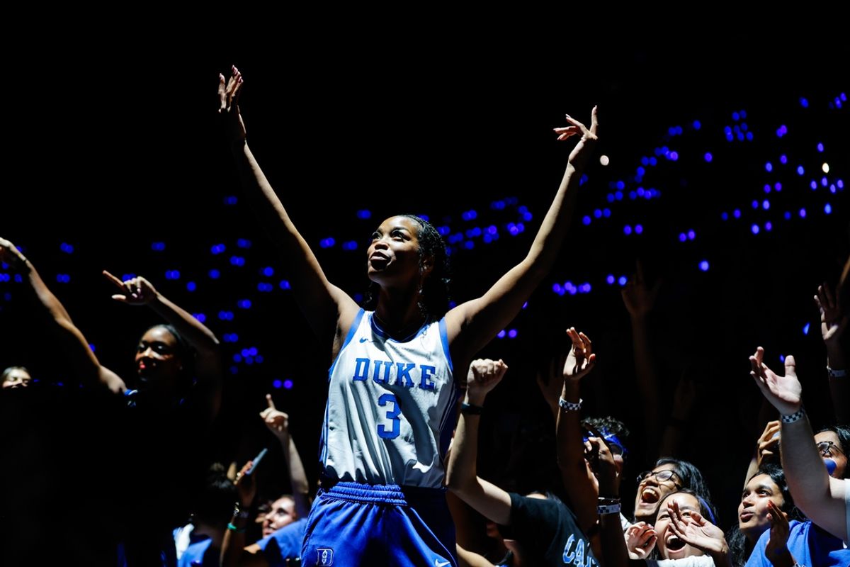 Oct 4, 2024; Durham, NC, USA; Duke Blue Devils guard Ashlon Jackson (3) is introduced to the fans during Countdown to Craziness at Cameron Indoor Stadium. Mandatory Credit: Jaylynn Nash-Imagn Images