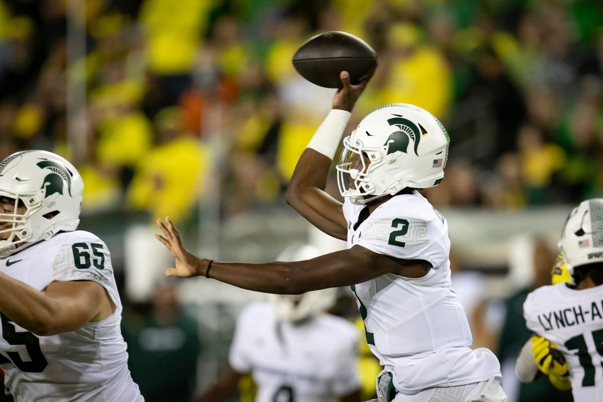 Michigan State Spartans quarterback Aidan Chiles throws out a pass as the Ducks host the Spartans Friday, Oct. 4, 2024 at Autzen Stadium in Eugene, Ore.