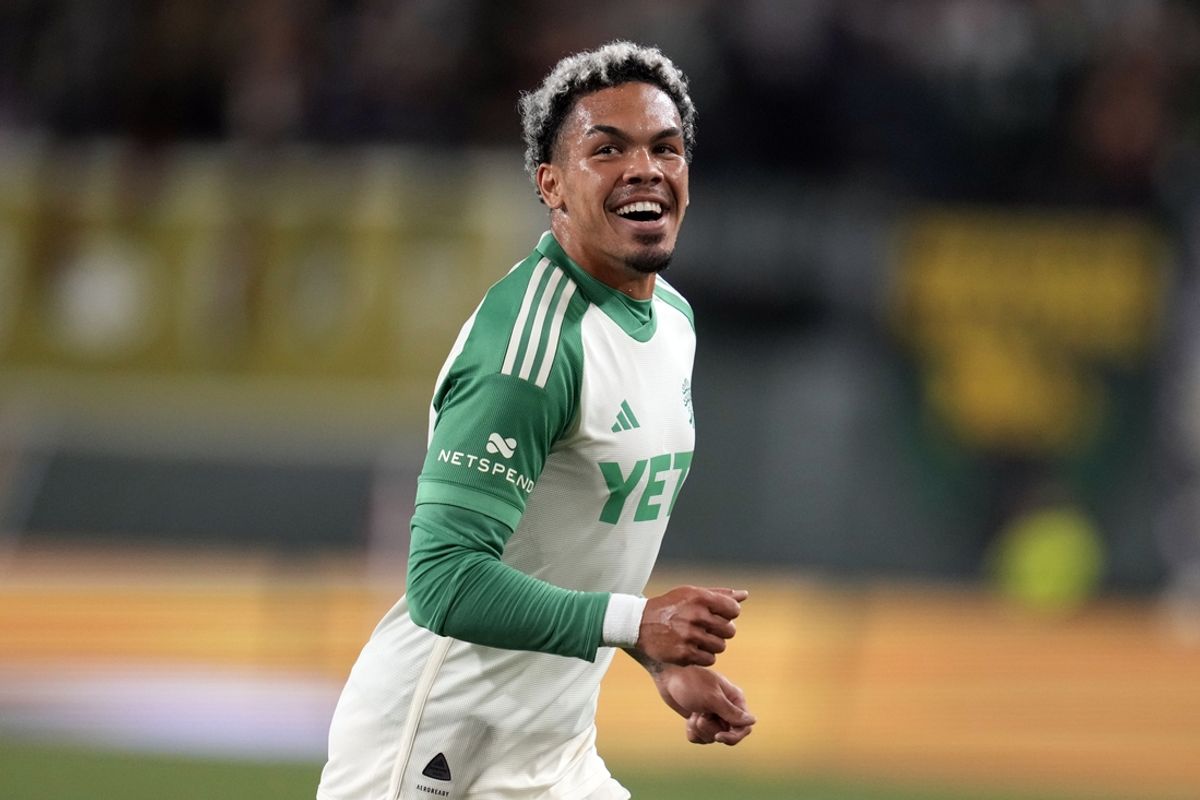 Oct 2, 2024; Portland, Oregon, USA; Austin FC midfielder Dani Pereira (6) celebrates with teammates after scoring a goal during the first half against the Portland Timbers at Providence Park. Mandatory Credit: Soobum Im-Imagn Images