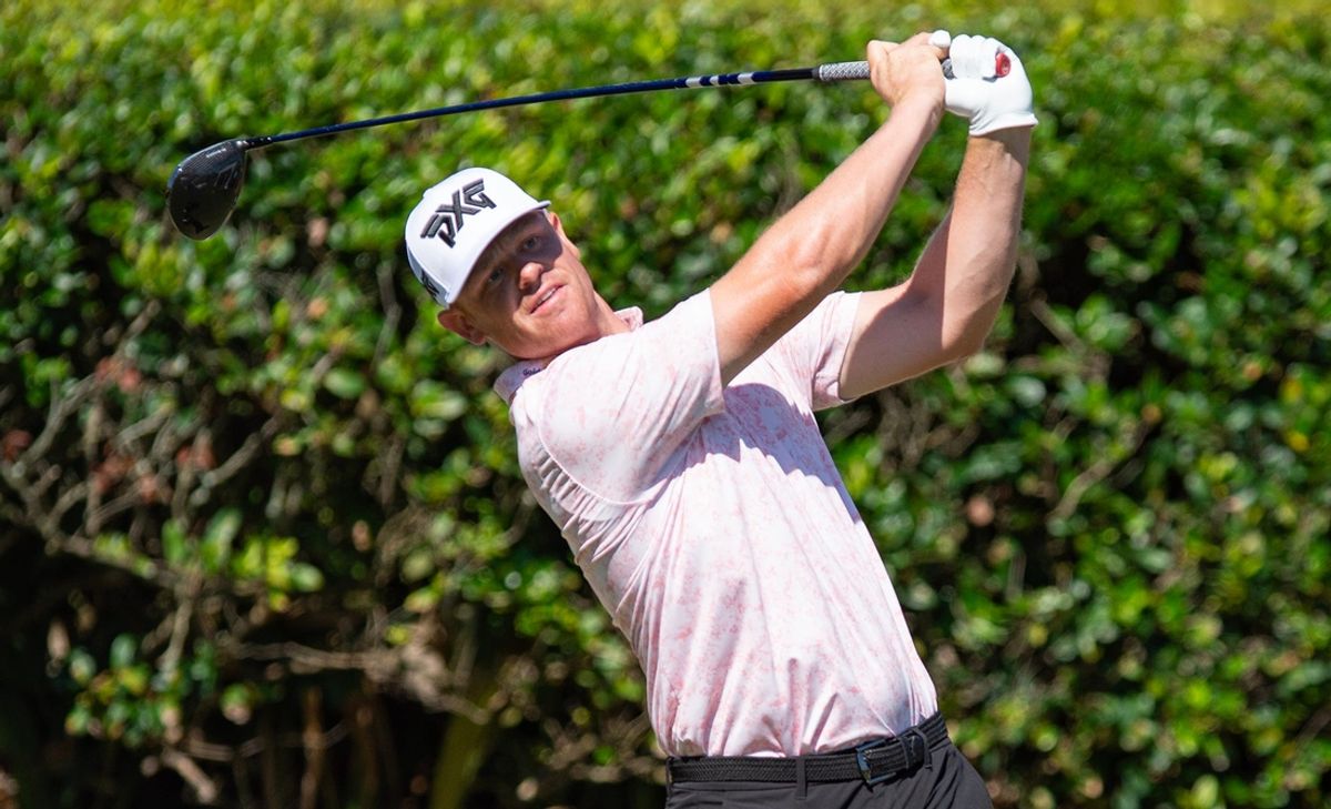 Patrick Fishburn of Ogden, Utah, tees off at the 1st hole during the Sanderson Farms Championship at the Country Club of Jackson in Jackson, Miss., on Saturday, Oct. 5, 2024.