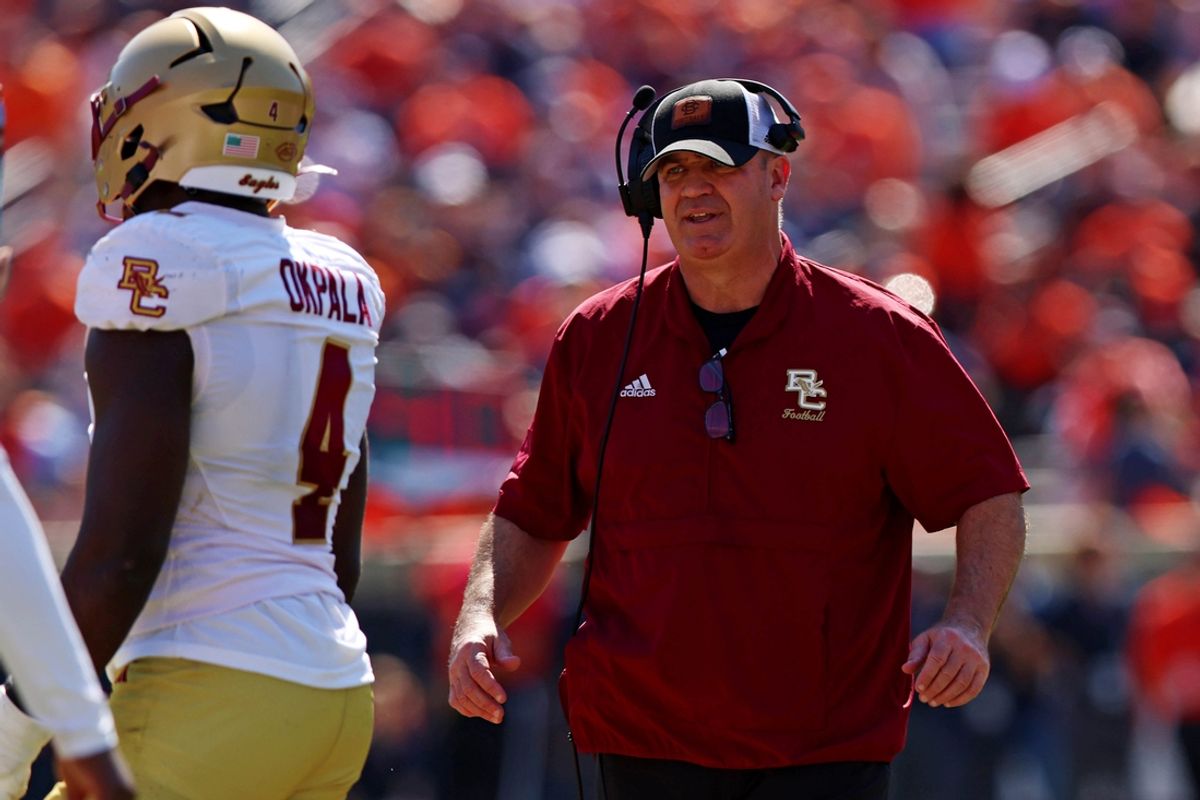 Oct 5, 2024; Charlottesville, Virginia, USA; Boston College Eagles head coach Bill O'Brien looks on during the second quarter against the Virginia Cavaliers at Scott Stadium. Mandatory Credit: Peter Casey-Imagn Images