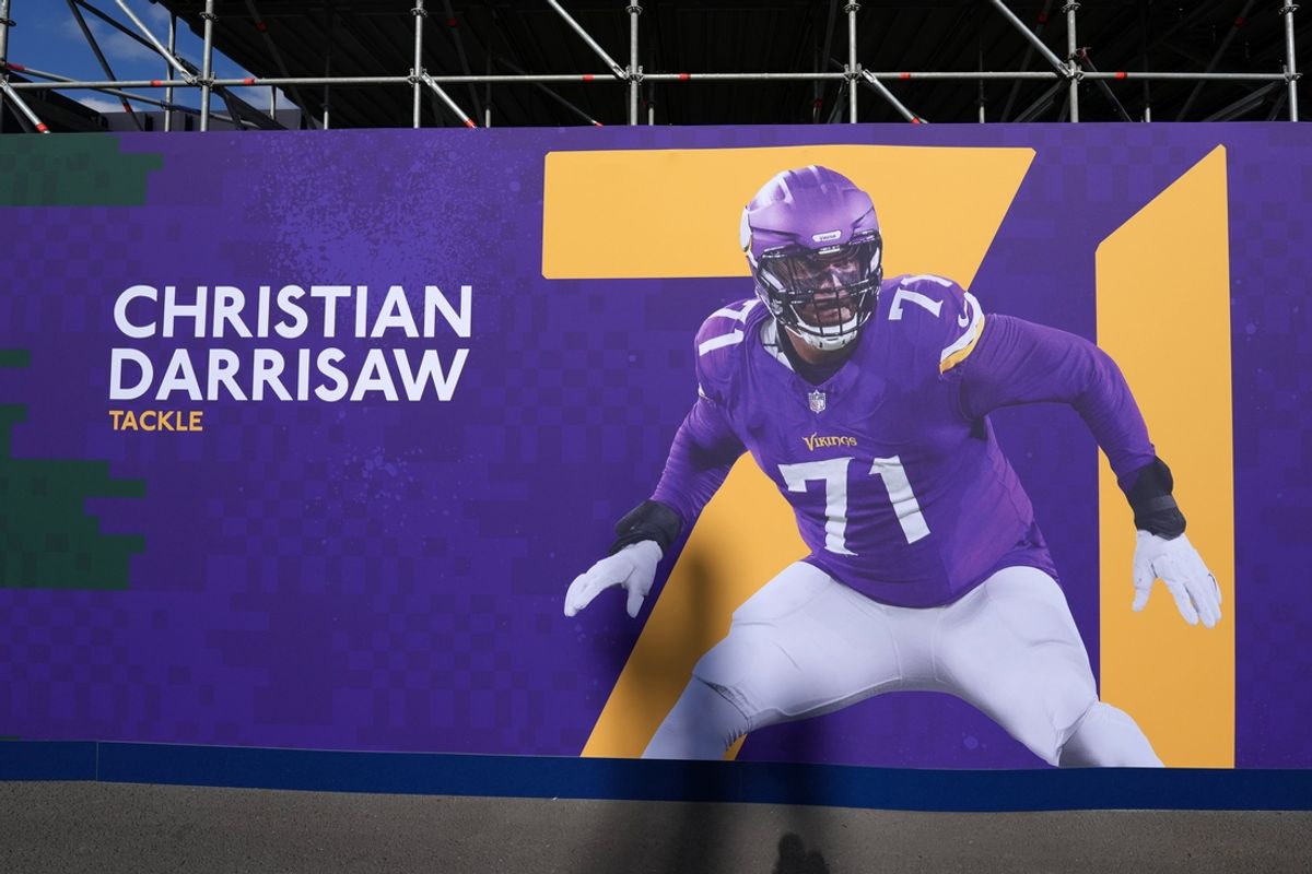 Oct 5, 2024; London, United Kingdom; A graphic featuring images Minnesota Vikings offensive tackle Christian Darrisaw (71) at Tottenham Hotspur Stadium. Mandatory Credit: Kirby Lee-Imagn Images