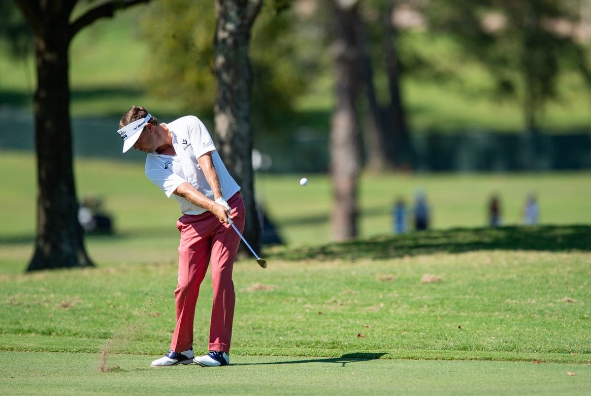 Keith Mitchell of Chattanooga, Tenn., hits down the 1st fairway during the Sanderson Farms Championship at the Country Club of Jackson in Jackson, Miss., on Saturday, Oct. 5, 2024.