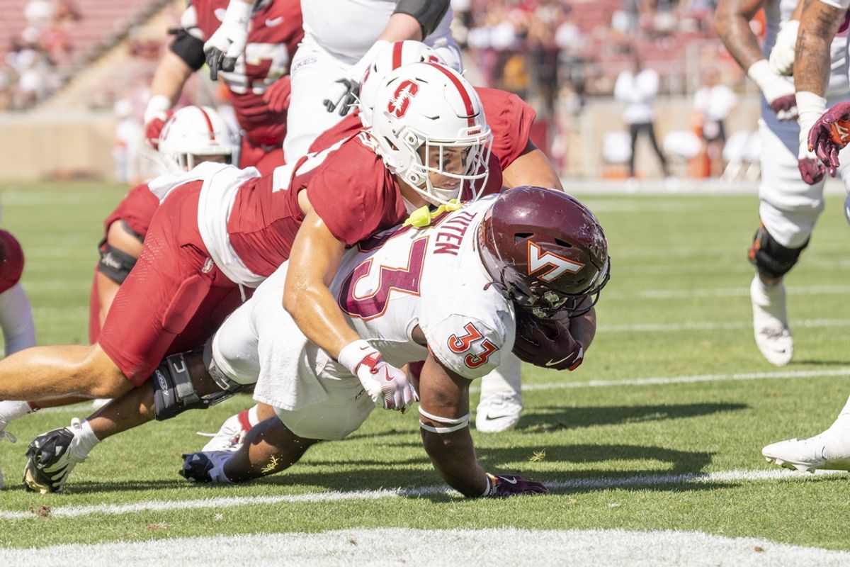 Oct 5, 2024; Stanford, California, USA;  Virginia Tech Hokies running back Bhayshul Tuten (33) scores a touchdown against the Stanford Cardinal during the second quarter at Stanford Stadium. Mandatory Credit: Stan Szeto-Imagn Images