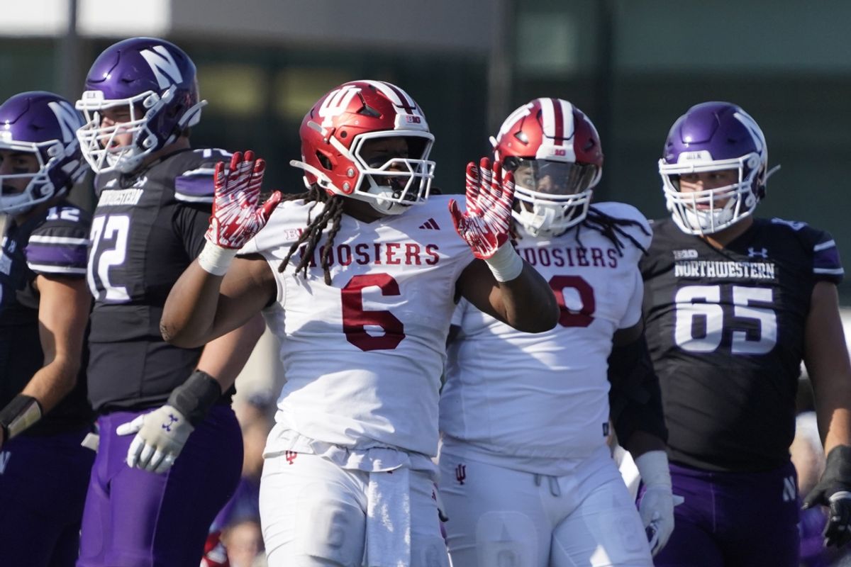 Oct 5, 2024; Evanston, Illinois, USA; Indiana Hoosiers defensive lineman Mikail Kamara (6) gestures after sacking the Northwestern Wildcats quarterback during the first half at Lanny and Sharon Martin Stadium. Mandatory Credit: David Banks-Imagn Images