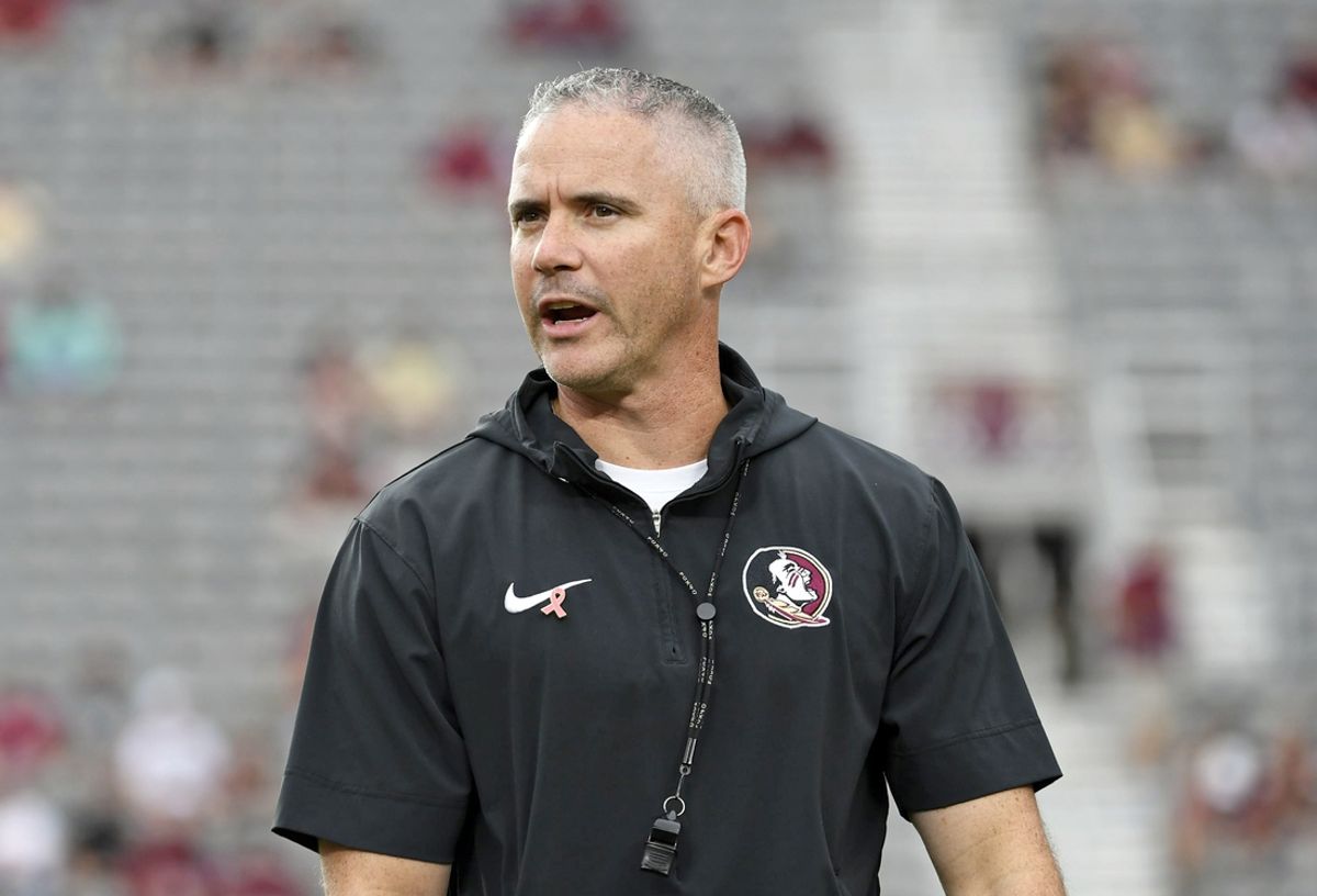 Oct 5, 2024; Tallahassee, Florida, USA; Florida State Seminoles head coach Mike Norvell reacts before the game against the Clemson Tigers at Doak S. Campbell Stadium. Mandatory Credit: Melina Myers-Imagn Images