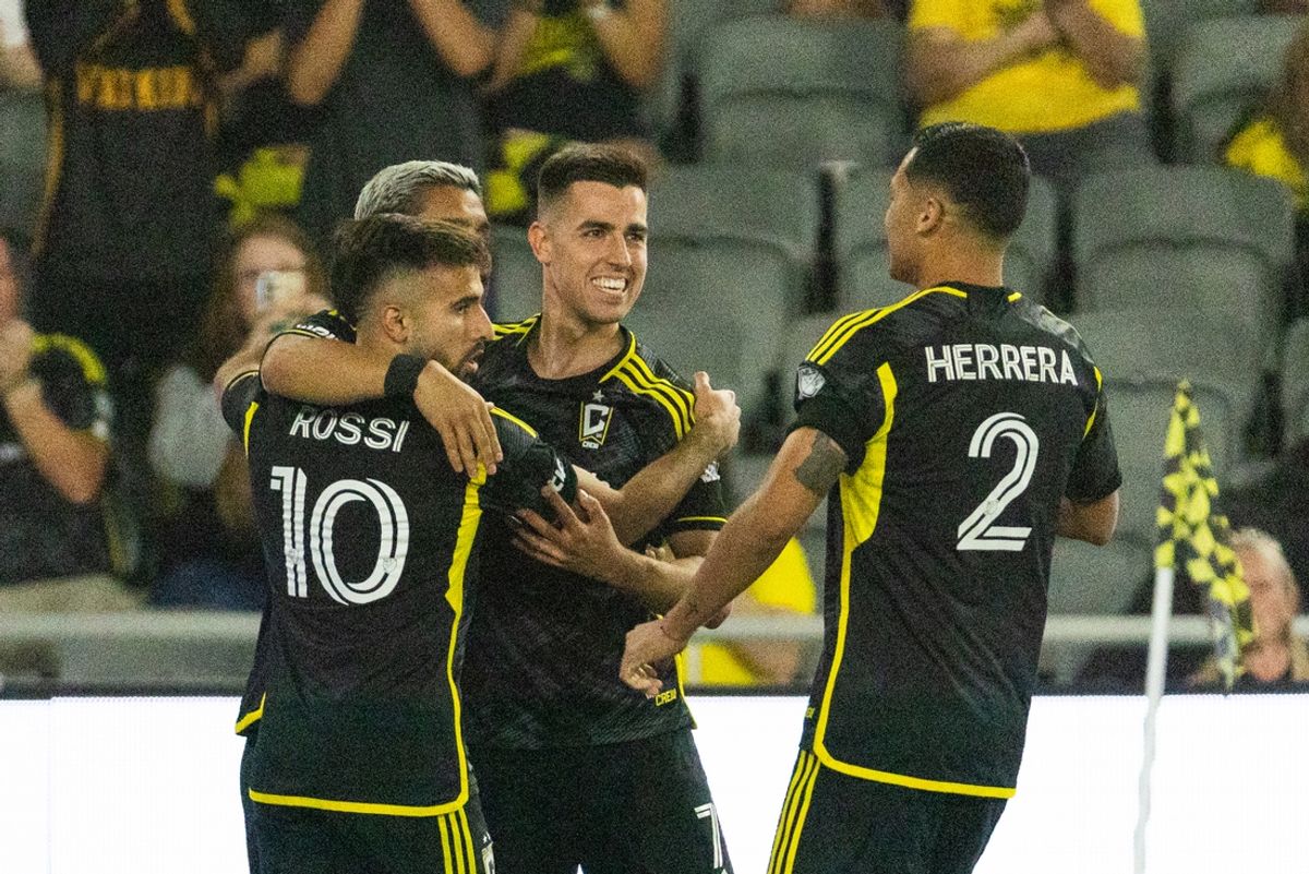 Oct 5, 2024; Columbus, Ohio, USA;  Columbus Crew forward Cucho Hernandez (9) celebrates his goal with teammates  in the first half against the Philadelphia Union at Lower.com Field. Mandatory Credit: Trevor Ruszkowski-Imagn Images