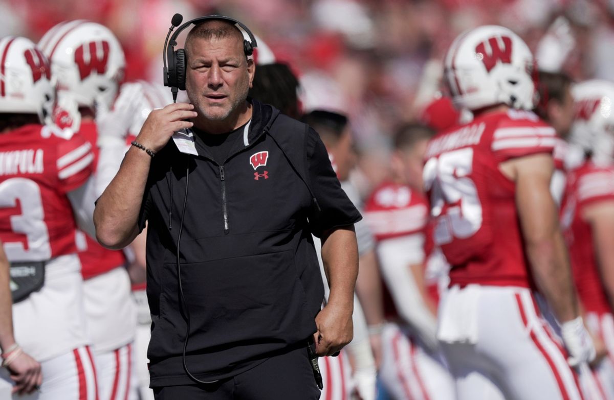 Wisconsin offensive coordinator Phil Longo is shown during the second quarter of their game Saturday, October 5, 2024 at Camp Randall Stadium in Madison, Wisconsin. Wisconsin beat Purdue 52-6.