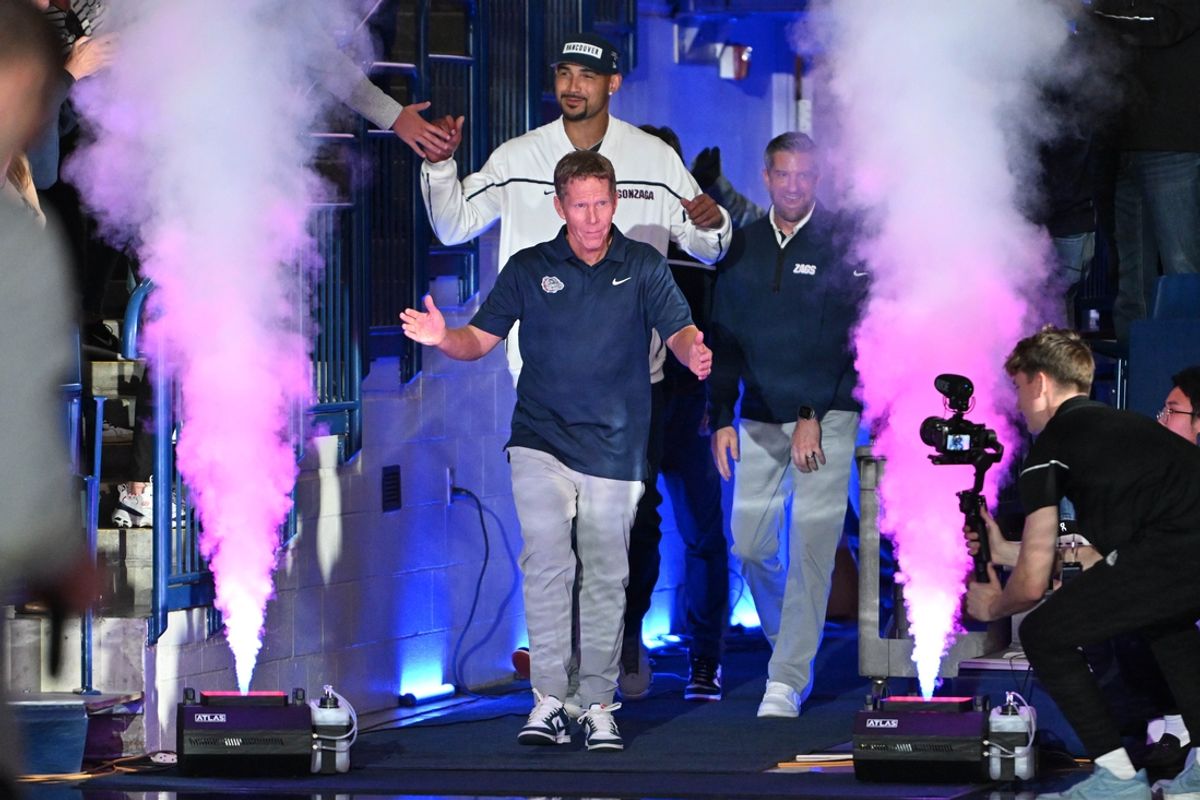 Oct 5, 2024; Spokane, WA, USA; Gonzaga Bulldogs head coach Mark Few walks onto he court during Kraziness at the Kennel at the McCarthey Athletic Center. Mandatory Credit: James Snook-Imagn Images