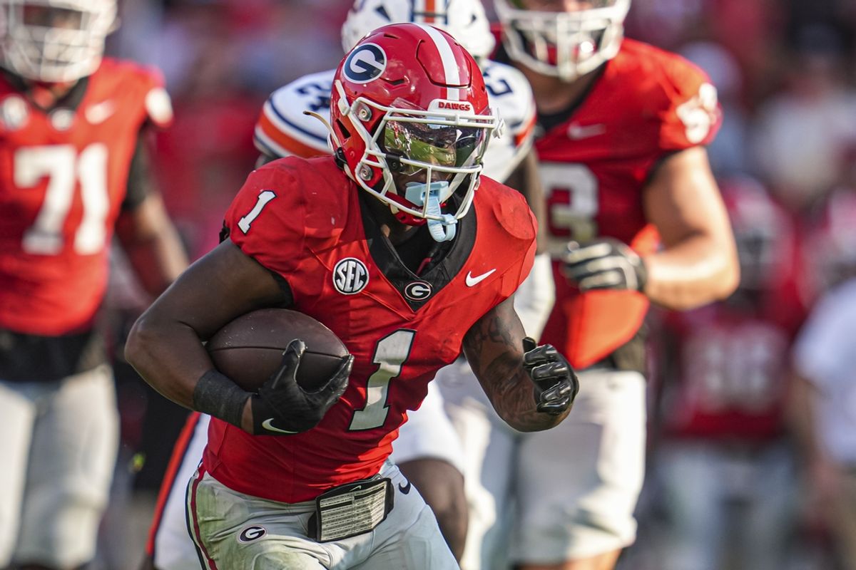 Oct 5, 2024; Athens, Georgia, USA; Georgia Bulldogs running back Trevor Etienne (1) runs against the Auburn Tigers at Sanford Stadium. Mandatory Credit: Dale Zanine-Imagn Images