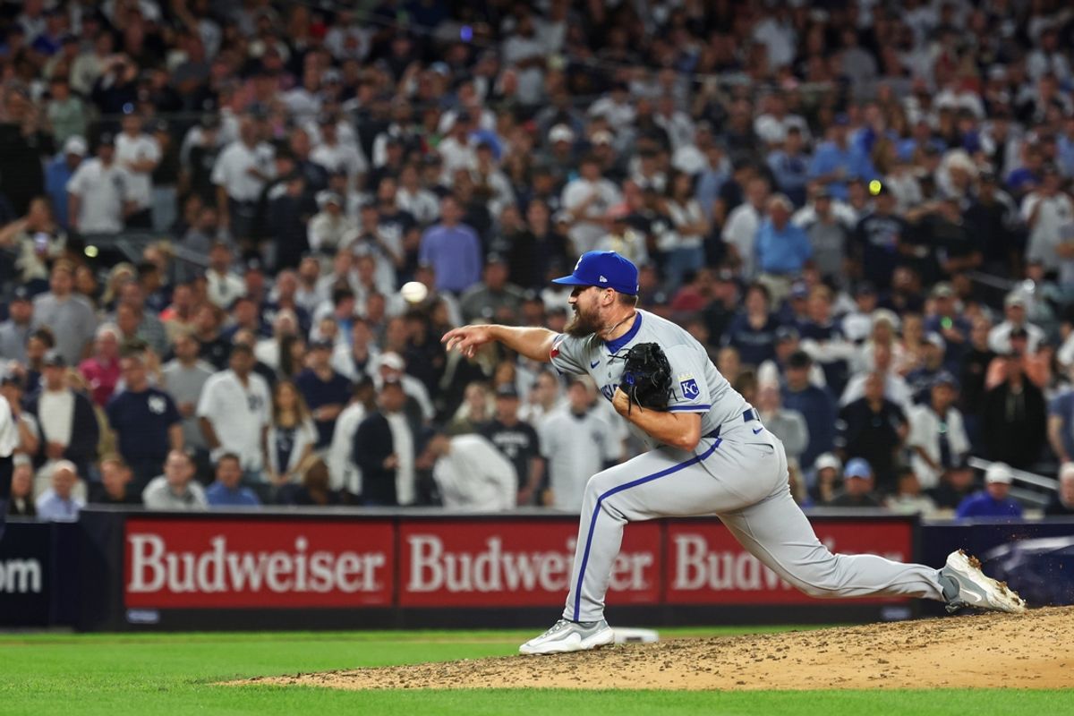 Oct 5, 2024; Bronx, New York, USA; Kansas City Royals pitcher John Schreiber (46) throws a pitch during the fifth inning against the New York Yankees during game one of the ALDS for the 2024 MLB Playoffs at Yankee Stadium. Mandatory Credit: Vincent Carchietta-Imagn Images