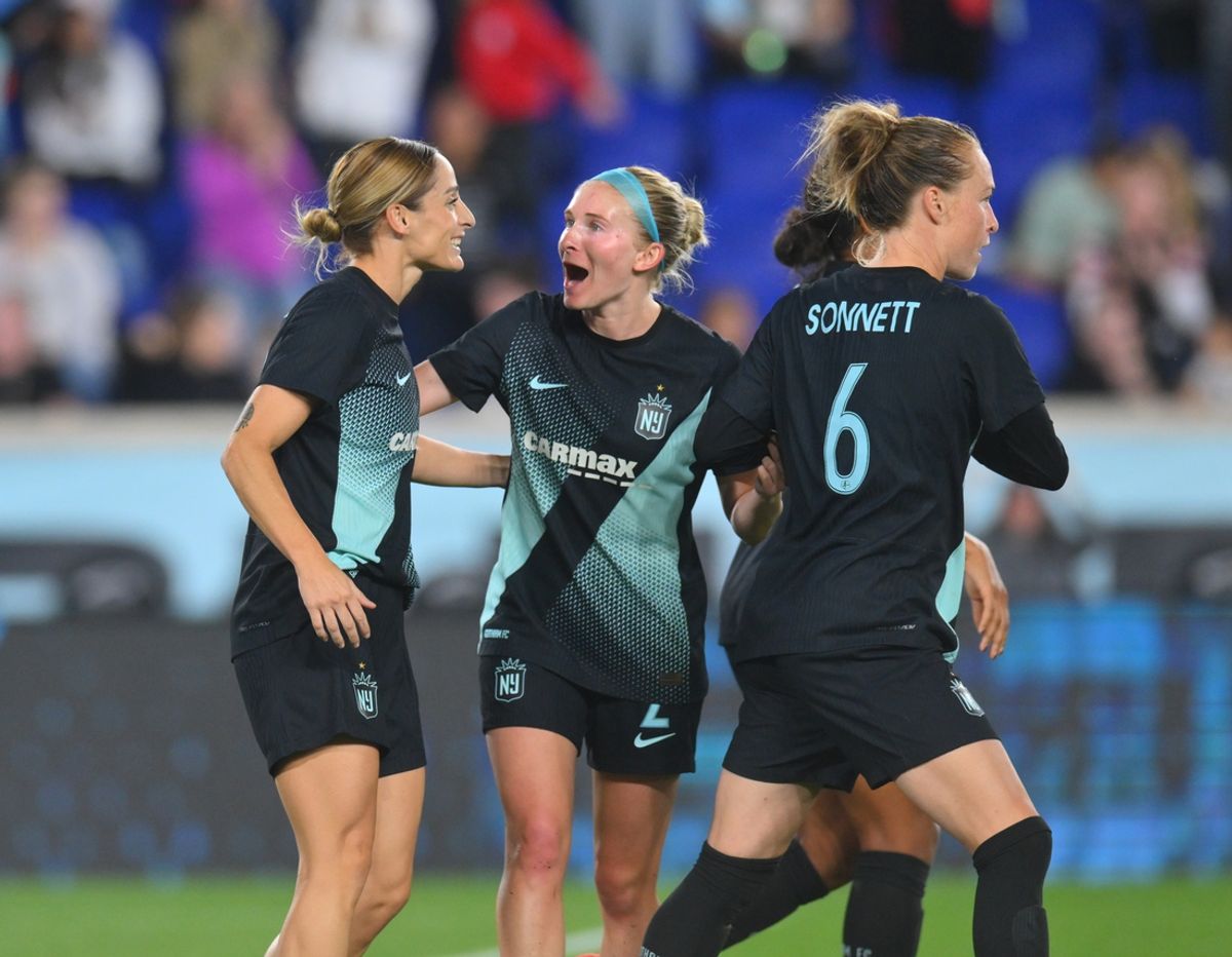 Oct 5, 2024; Harrison, New Jersey, USA; NJ/NY Gotham FC forward Esther Gonzalez (9) celebrates with midfielder Jenna Nighswonger (2) and midfielder Emily Sonnett (6) following a second half goal against Bay FC at Red Bull Arena. Mandatory Credit: John Jones-Imagn Images