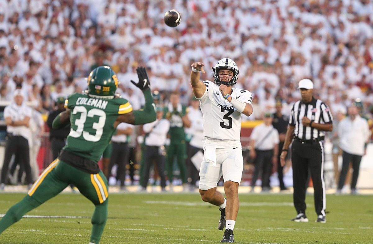 Iowa State Cyclones quarterback Rocco Becht (3) passes the ball over Baylor Bears safety DJ Coleman (33) during the first quarter in the NCAA football at Jack Trice Stadium on Saturday, Oct. 5, 2024, in Ames, Iowa.