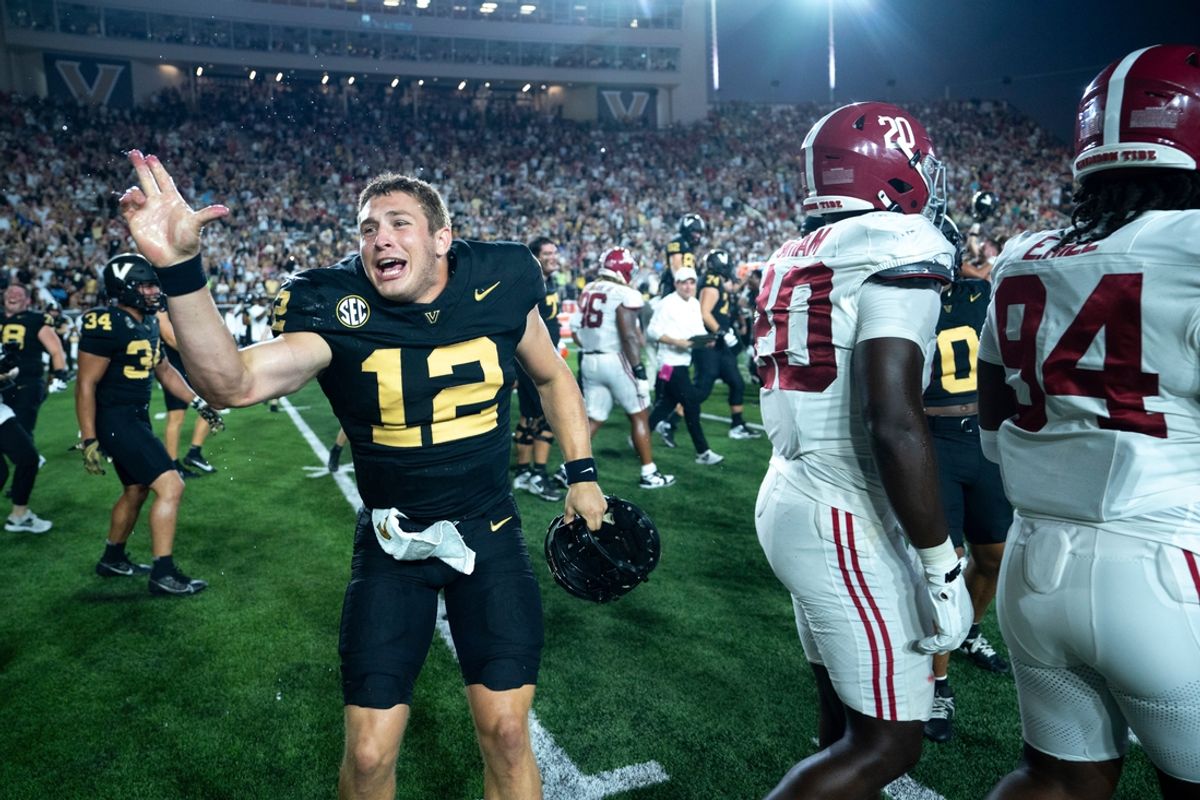Vanderbilt Commodores linebacker Jeffrey Ugochukwu (12) celebrates after knocking off the Alabama Crimson Tide 40-35 at Vanderbilt Stadium in Nashville, Tenn., Saturday, Oct. 5, 2024.