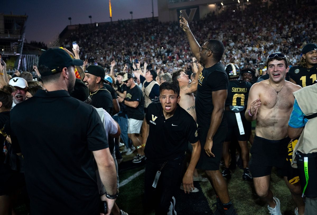 Vanderbilt fans celebrates after knocking off the Alabama Crimson Tide 40-35 at Vanderbilt Stadium in Nashville, Tenn., Saturday, Oct. 5, 2024.