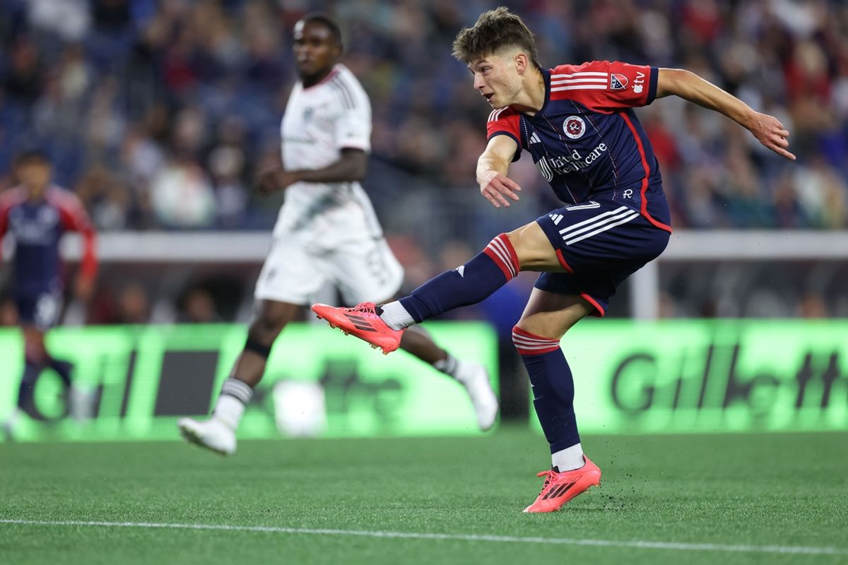 Oct 5, 2024; Foxborough, Massachusetts, USA; New England Revolution forward Esmir Bajraktarevic (47) shoots the ball during the second half against D.C. United at Gillette Stadium. Mandatory Credit: Paul Rutherford-Imagn Images