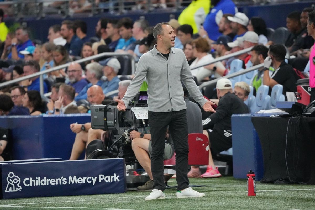 Oct 5, 2024; Kansas City, Kansas, USA; LAFC head coach Steve Cherundolo reacts in the second half against the Sporting Kansas City at Children's Mercy Park. Mandatory Credit: Denny Medley-Imagn Images