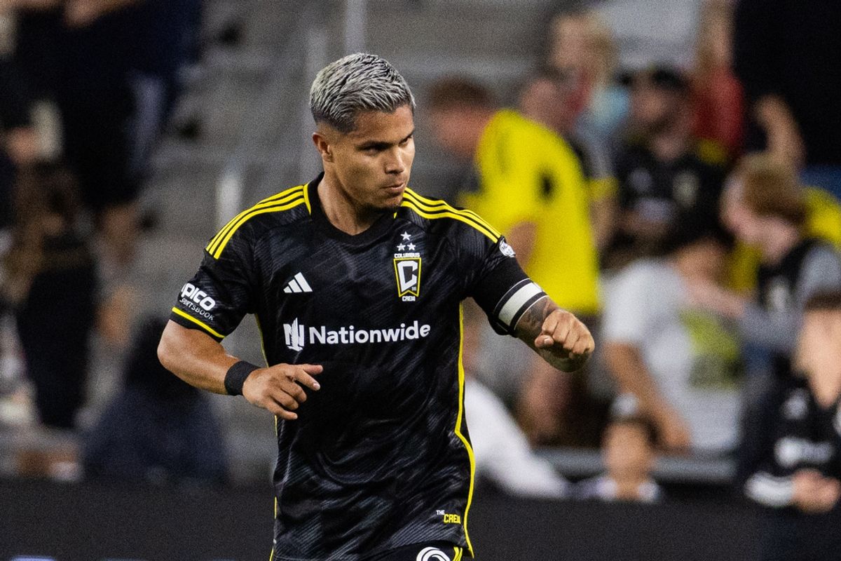 Oct 5, 2024; Columbus, Ohio, USA; Columbus Crew forward Cucho Hernandez (9) celebrates his second goal of the game in the second half against the Philadelphia Union at Lower.com Field. Mandatory Credit: Trevor Ruszkowski-Imagn Images