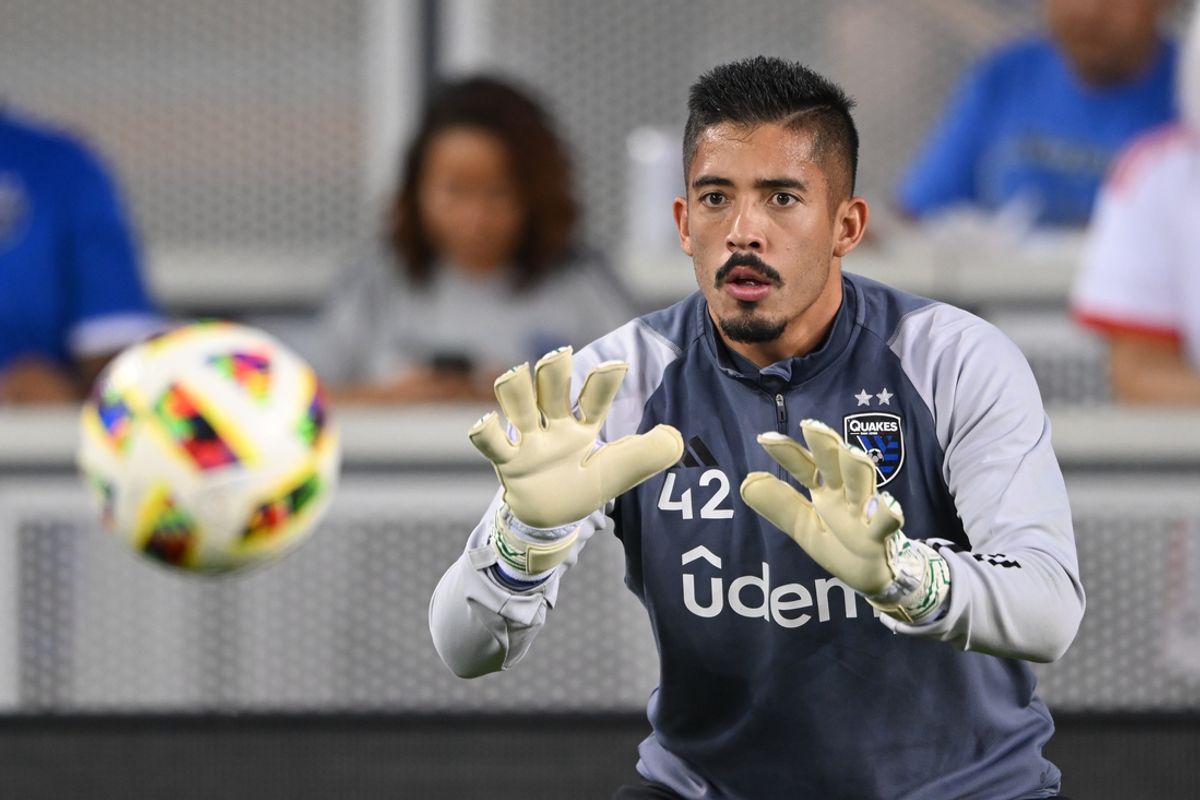 Oct 5, 2024; San Jose, California, USA; San Jose Earthquakes goalkeeper Daniel (42) warms up on the field before the game between Real Salt Lake and the San Jose Earthquakes at PayPal Park. Mandatory Credit: Robert Edwards-Imagn Images