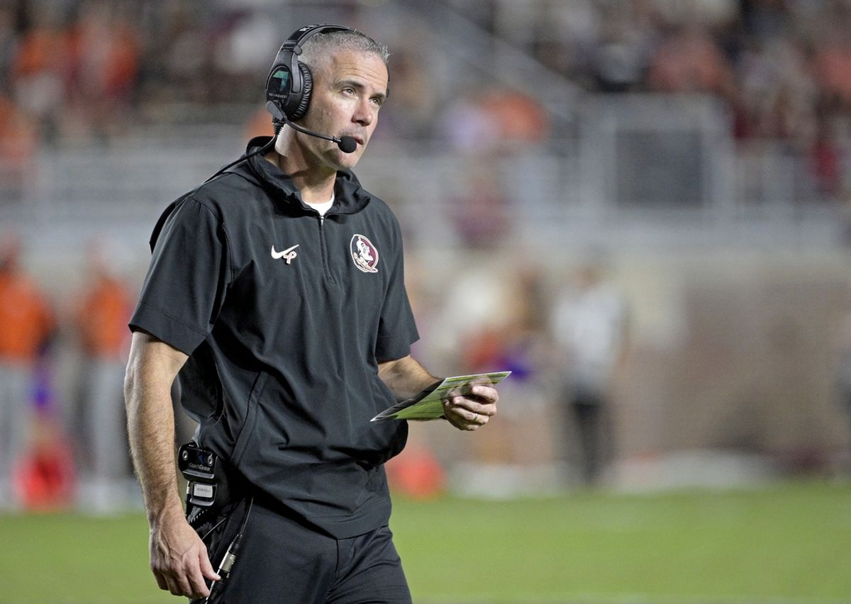 Oct 5, 2024; Tallahassee, Florida, USA; Florida State Seminoles head coach Mike Norvell looks on during the second half against the Clemson Tigers at Doak S. Campbell Stadium. Mandatory Credit: Melina Myers-Imagn Images