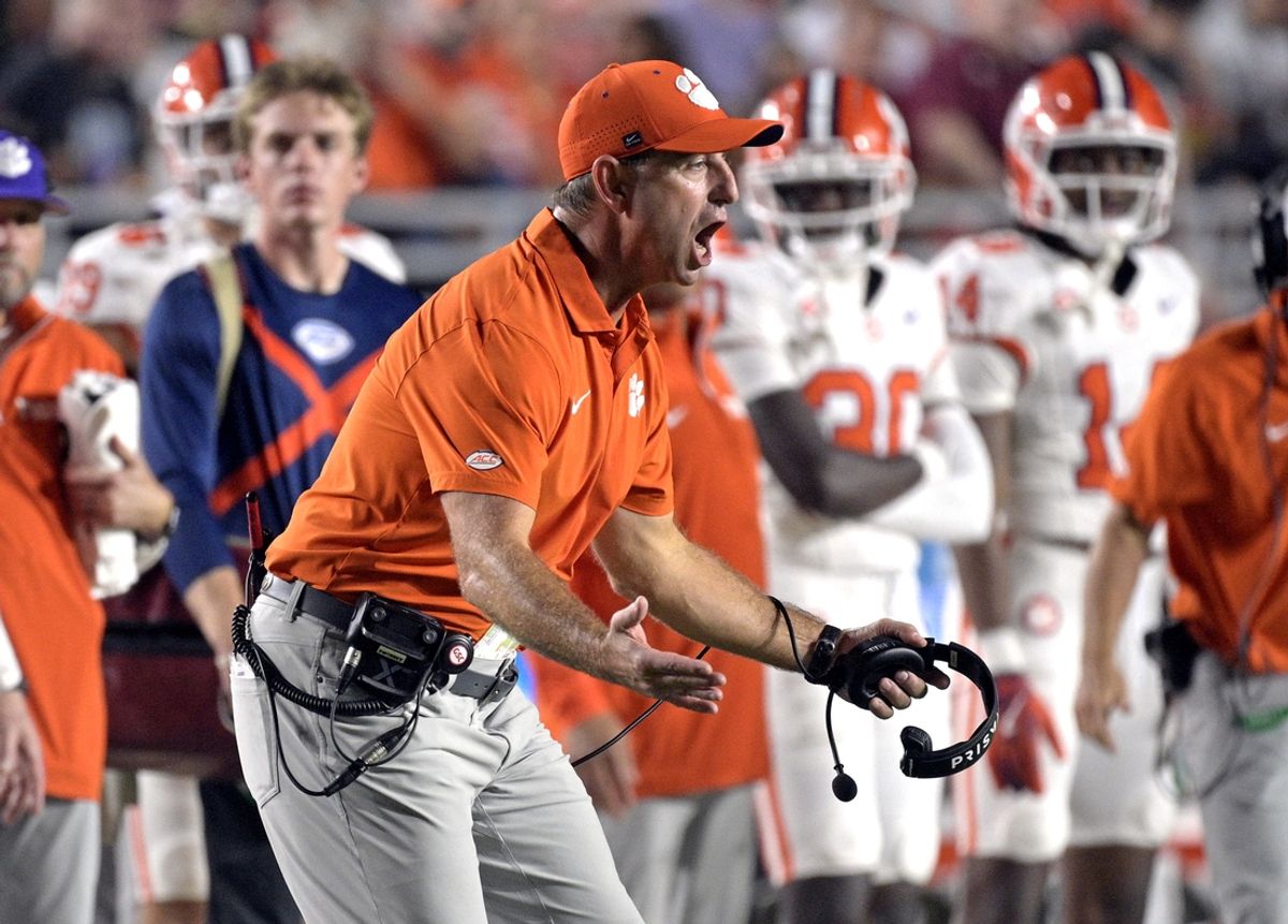 Oct 5, 2024; Tallahassee, Florida, USA; Clemson Tigers head coach Dabo Swinney reacts during the second half against the Florida State Seminoles at Doak S. Campbell Stadium. Mandatory Credit: Melina Myers-Imagn Images