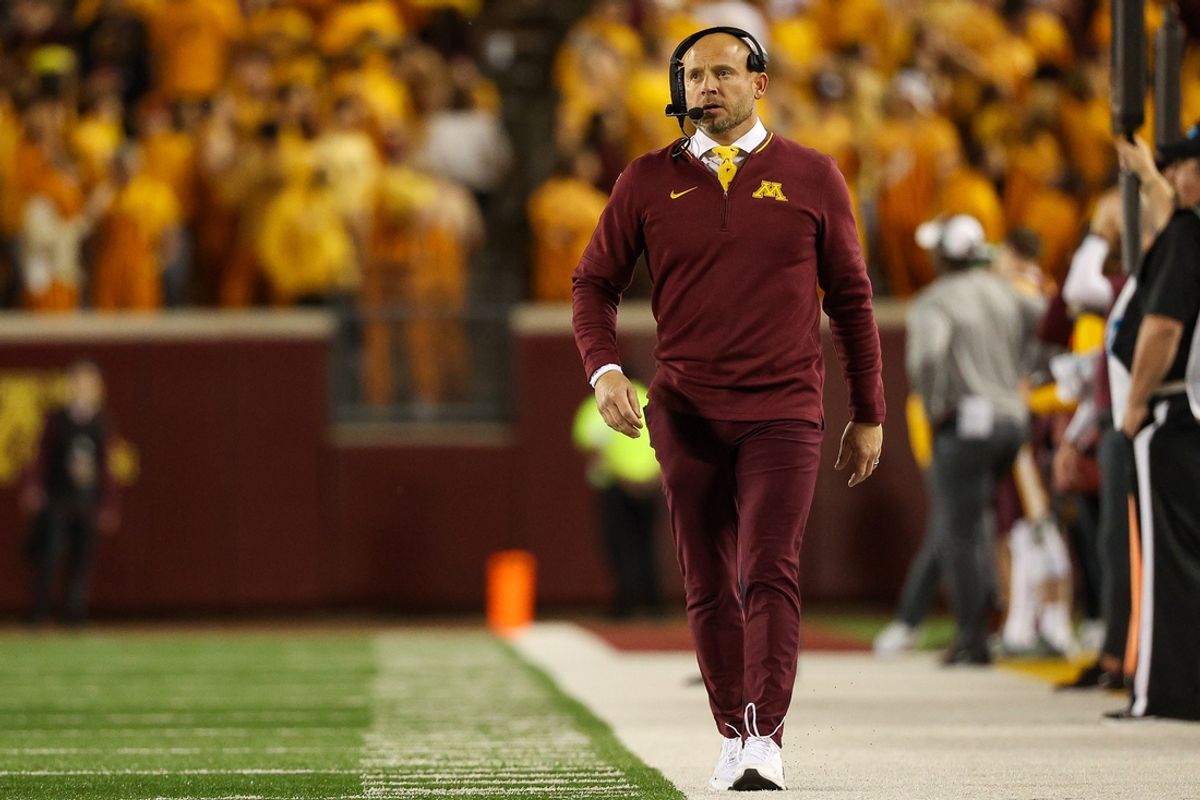 Minnesota Golden Gophers head coach P.J. Fleck looks on during the second half against the USC Trojans at Huntington Bank Stadium. Mandatory Credit: Matt Krohn-Imagn Images