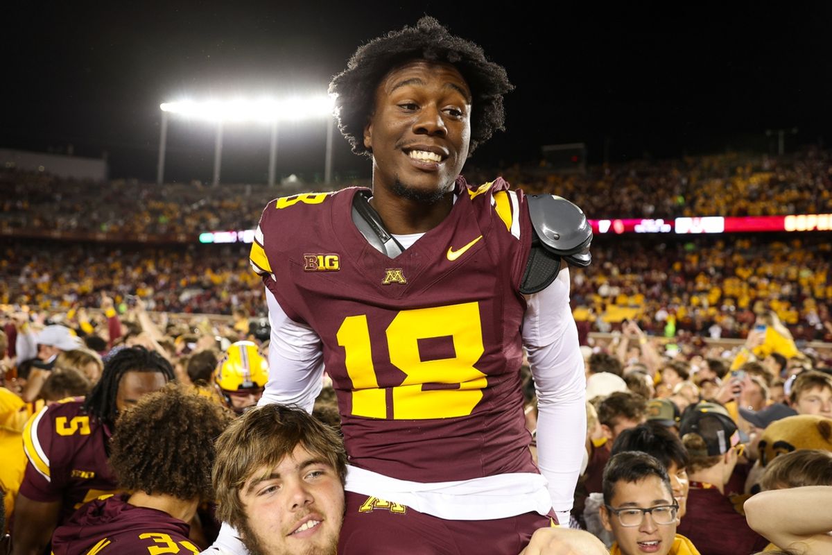 Oct 5, 2024; Minneapolis, Minnesota, USA; Minnesota Golden Gophers wide receiver Donielle Hayes (18) celebrates his teams win after the game against the USC Trojans at Huntington Bank Stadium. Mandatory Credit: Matt Krohn-Imagn Images