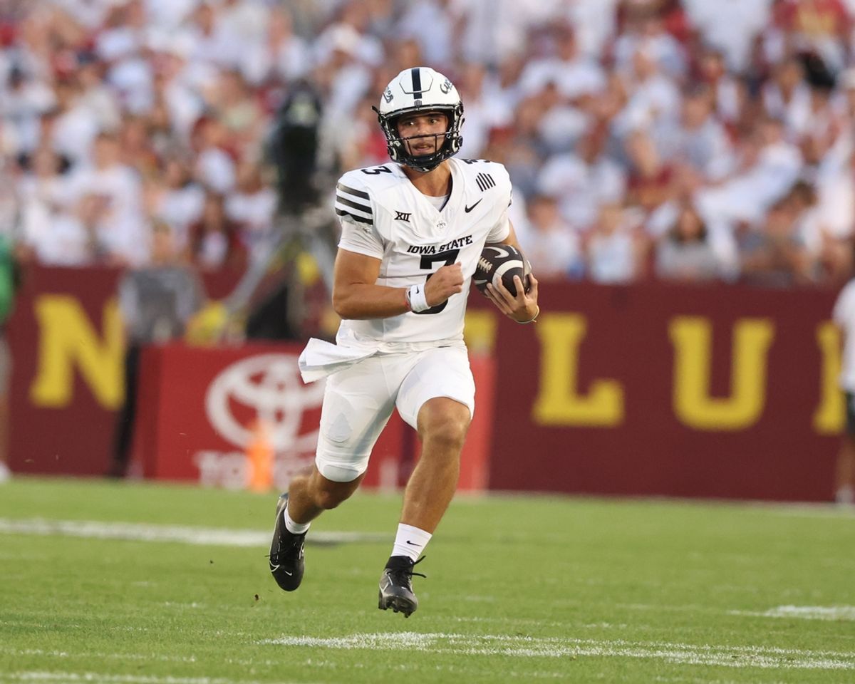 Oct 5, 2024; Ames, Iowa, USA; Iowa State Cyclones quarterback Rocco Becht (3) runs the football against the Baylor Bears at Jack Trice Stadium. The Cyclones beat the Bears 43 to 21.  Mandatory Credit: Reese Strickland-Imagn Images