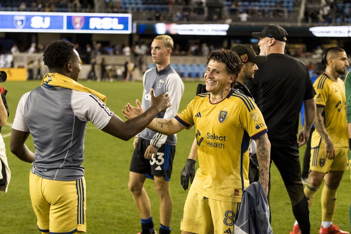 Oct 5, 2024; San Jose, California, USA;  Real Salt Lake midfielder Diego Luna (8) and other players celebrate after their team’s 1-0 win over the San Jose Earthquakes at PayPal Park. Mandatory Credit: John Hefti-Imagn Images
