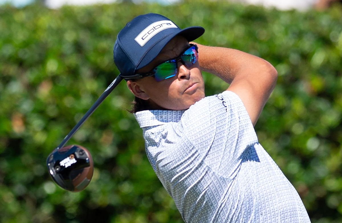 Rickie Fowler of Murrieta, Calf., watches his ball after teeing off on the 1st Hole during the third round of the Sanderson Farms Championship at the Country Club of Jackson in Jackson, Miss., Saturday, Oct. 5, 2024.