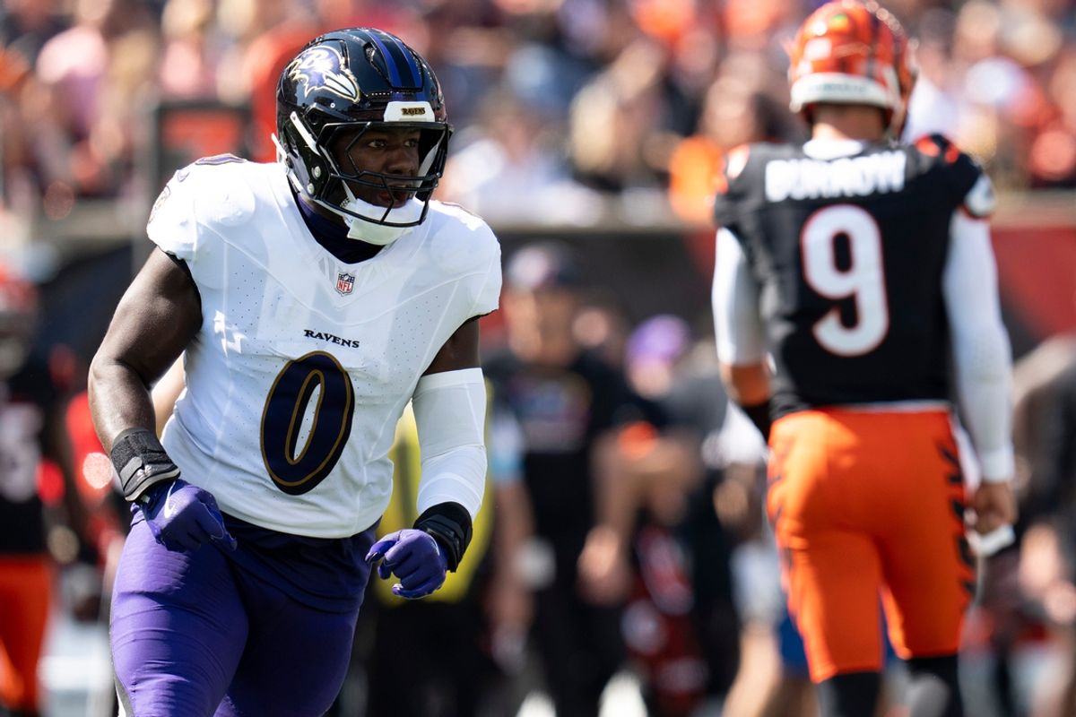 Baltimore Ravens inside linebacker Roquan Smith (0) reacts to a stop on third down in the first quarter of the NFL game at Paycor Stadium in Cincinnati on Sunday, Oct. 6, 2024.