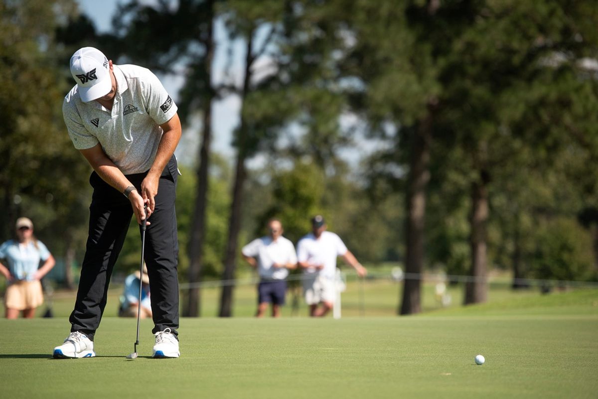 Justin Lower of Akron, Ohio, putts on the 17th during the final round of the Sanderson Farms Championship at the Country Club of Jackson in Jackson, Miss., Sunday, Oct. 6, 2024.