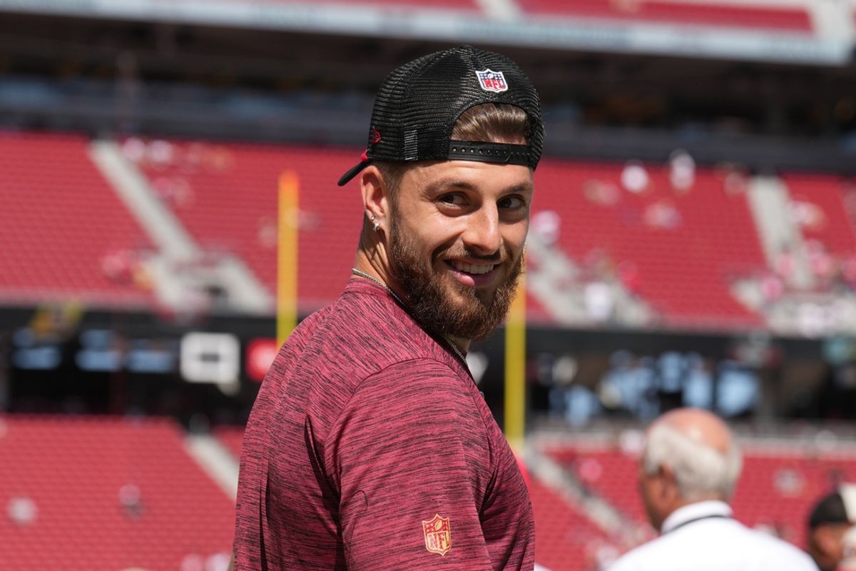 Oct 6, 2024; Santa Clara, California, USA; San Francisco 49ers wide receiver Ricky Pearsall walks on the field before the game against the Arizona Cardinals at Levi's Stadium. Mandatory Credit: Darren Yamashita-Imagn Images