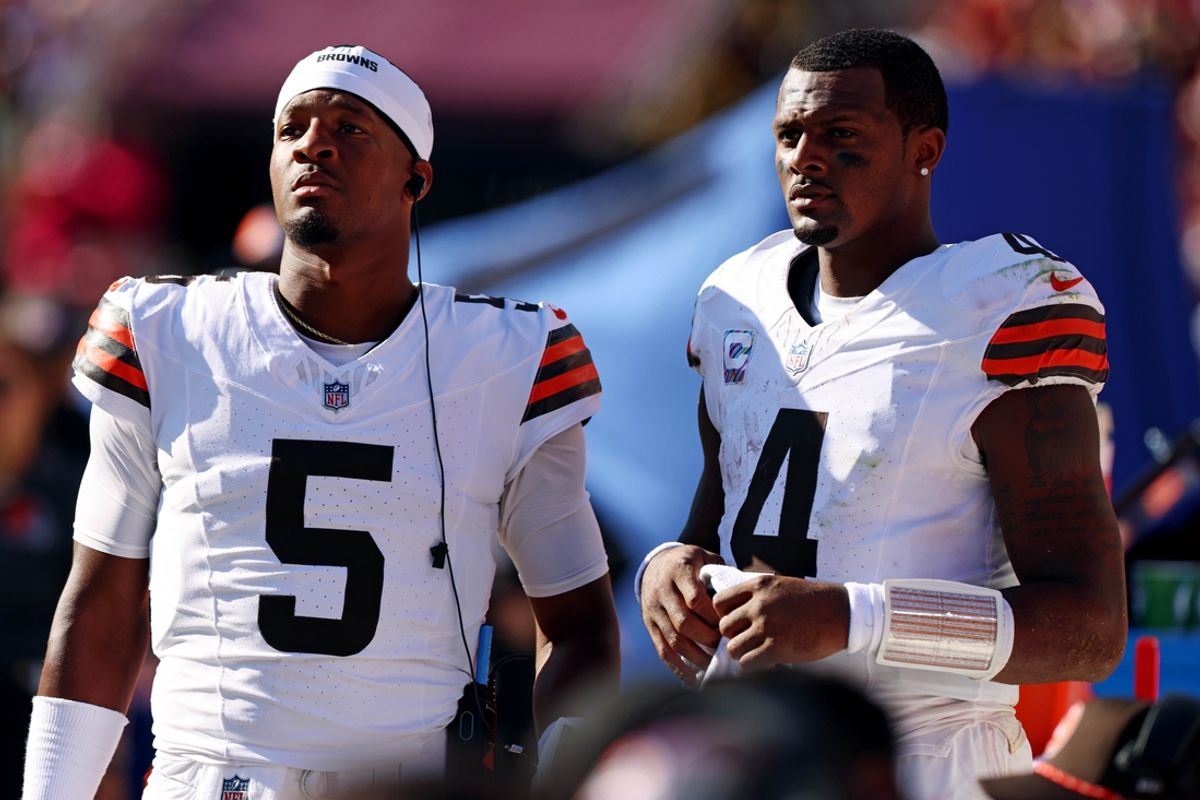 Oct 6, 2024; Landover, Maryland, USA; Cleveland Browns quarterback Deshaun Watson (4) and quarterback Jameis Winston (5) stand on the sideline during the fourth quarter of the game against the Washington Commanders at NorthWest Stadium. Mandatory Credit: Peter Casey-Imagn Images