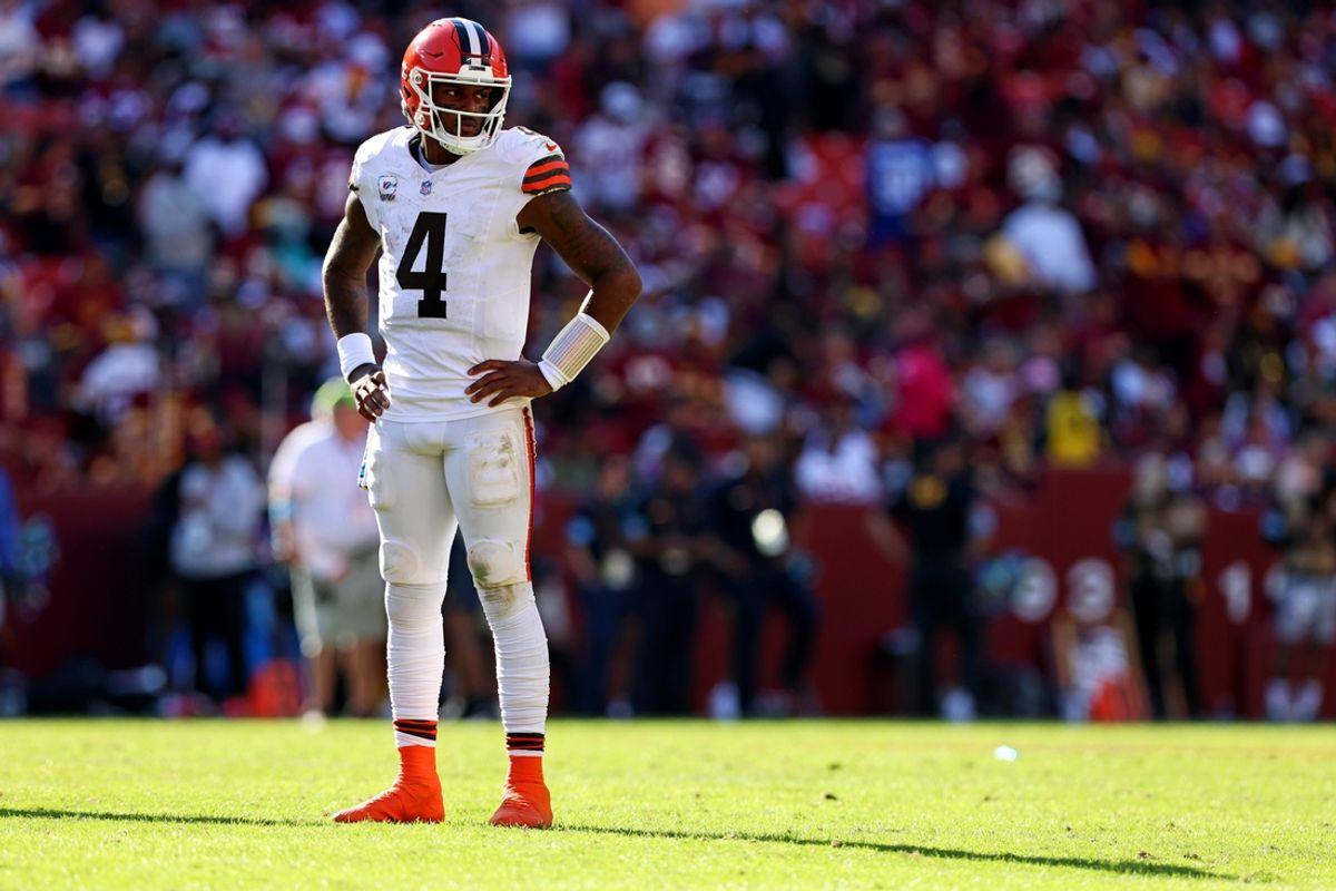 Oct 6, 2024; Landover, Maryland, USA; Cleveland Browns quarterback Deshaun Watson (4) waits for a play during the fourth quarter against the Washington Commanders at NorthWest Stadium. Mandatory Credit: Peter Casey-Imagn Images