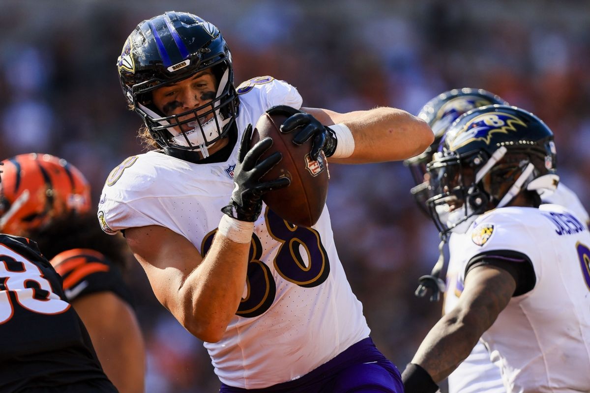 Oct 6, 2024; Cincinnati, Ohio, USA; Baltimore Ravens tight end Charlie Kolar (88) runs with the ball against the Cincinnati Bengals in the second half at Paycor Stadium. Mandatory Credit: Katie Stratman-Imagn Images