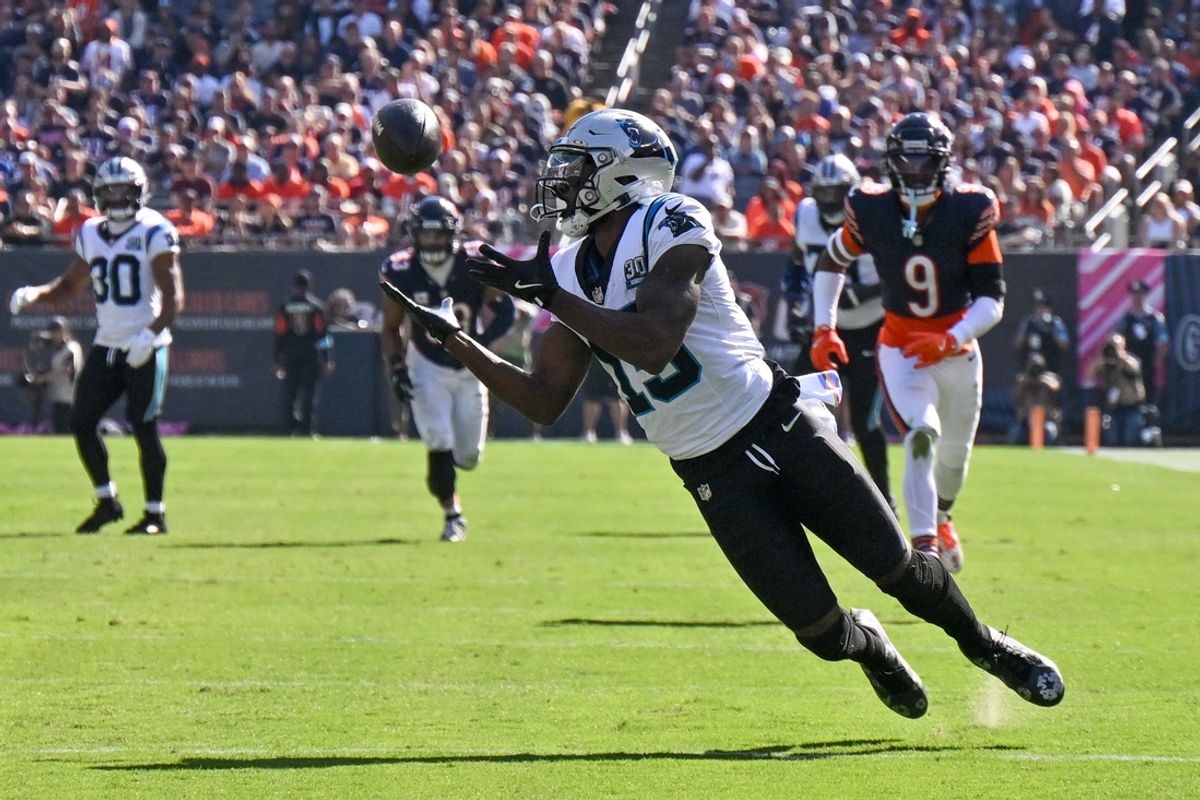 Carolina Panthers wide receiver Jonathan Mingo (15) makes a diving catch against the Chicago Bears during the third quarter at Soldier Field. Mandatory Credit: Daniel Bartel-Imagn Images