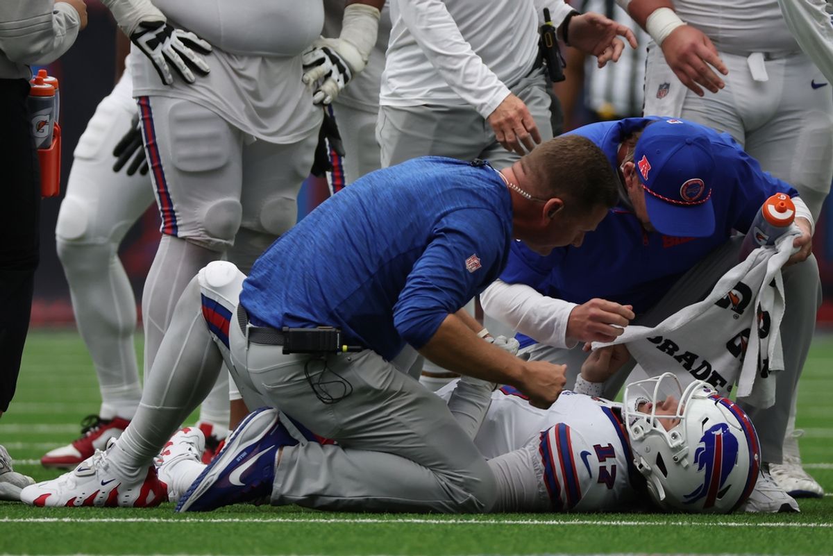 Oct 6, 2024; Houston, Texas, USA;  Buffalo Bills quarterback Josh Allen (17) lays injured after being tackled by Houston Texans linebacker Azeez Al-Shaair (0) (not pictured)  in the second half at NRG Stadium. Mandatory Credit: Thomas Shea-Imagn Images