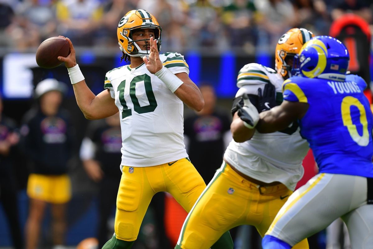 Oct 6, 2024; Inglewood, California, USA; Green Bay Packers quarterback Jordan Love (10) throws against the Los Angeles Rams during the first half at SoFi Stadium. Mandatory Credit: Gary A. Vasquez-Imagn Images