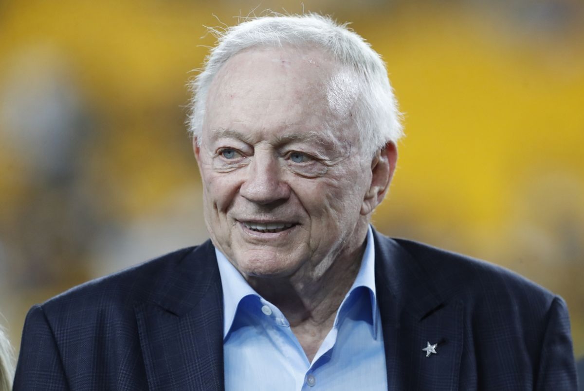 Oct 6, 2024; Pittsburgh, Pennsylvania, USA;  Dallas Cowboys owner Jerry Jones on the field before the game against the Pittsburgh Steelers at Acrisure Stadium. Mandatory Credit: Charles LeClaire-Imagn Images