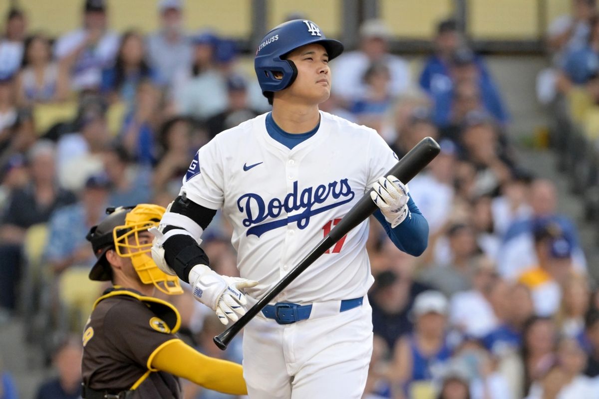 Oct 6, 2024; Los Angeles, California, USA; Los Angeles Dodgers designated hitter Shohei Ohtani (17) at bat in the first inning against the San Diego Padres during game two of the NLDS for the 2024 MLB Playoffs at Dodger Stadium. Mandatory Credit: Jayne Kamin-Oncea-Imagn Images