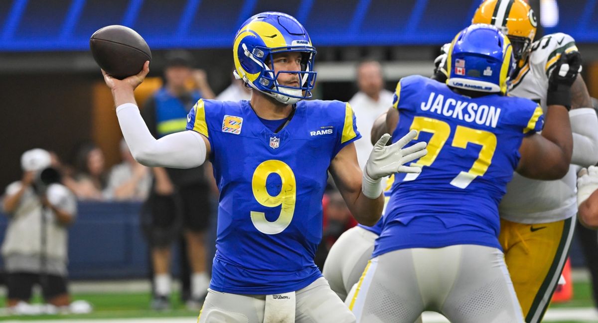 Oct 6, 2024; Inglewood, California, USA; Los Angeles Rams quarterback Matthew Stafford (9) throws a pass during the third quarter against the Green Bay Packers at SoFi Stadium. Mandatory Credit: Robert Hanashiro-Imagn Images