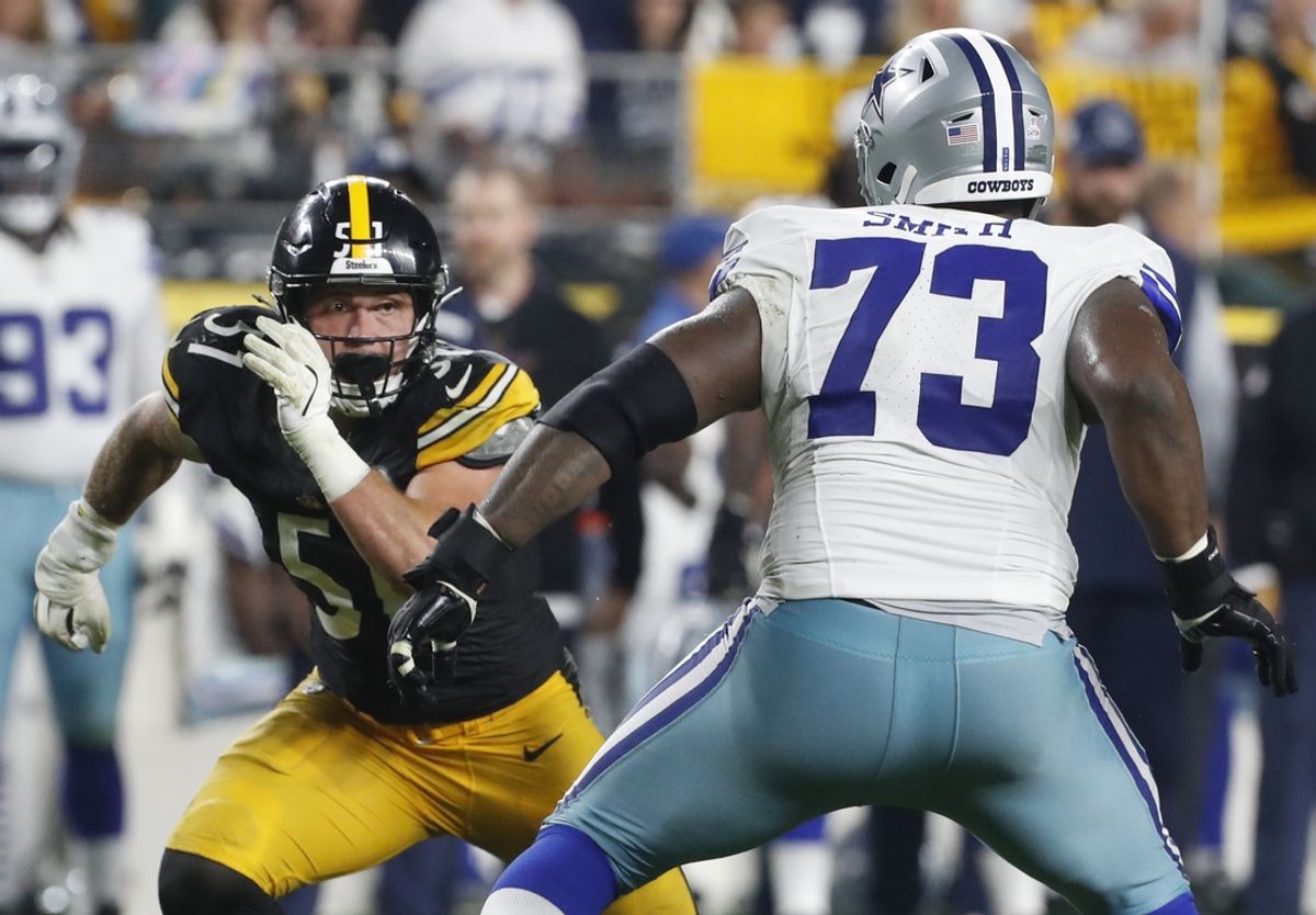 Oct 6, 2024; Pittsburgh, Pennsylvania, USA;  Pittsburgh Steelers linebacker Nick Herbig (51) pass rushes at the line of scrimmage against Dallas Cowboys offensive tackle Tyler Smith (73) during the third quarter at Acrisure Stadium. Dallas won 20-17. Mandatory Credit: Charles LeClaire-Imagn Images