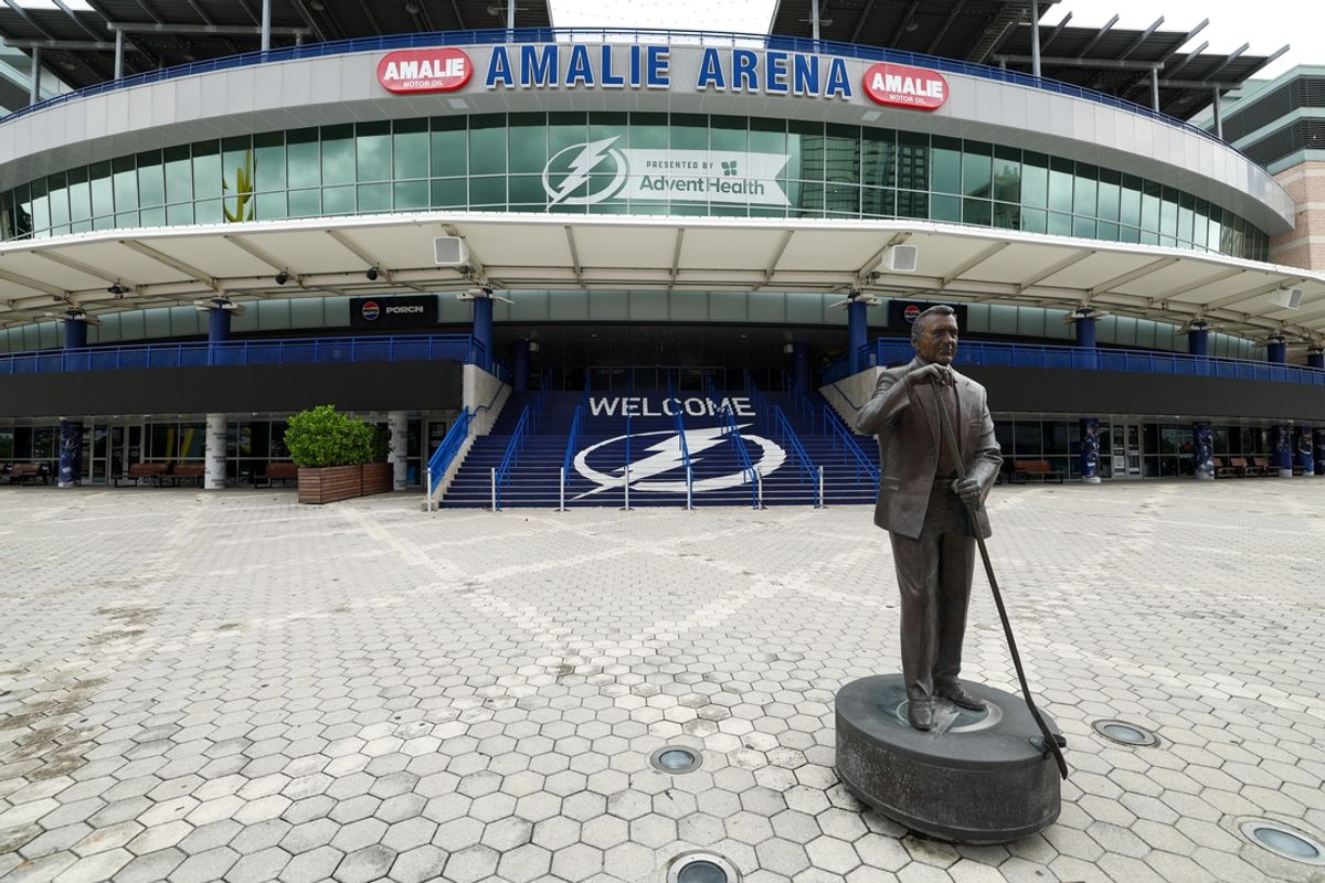 Oct 7, 2024; Tampa, Florida, USA;  a general view of the arena after a preseason NHL game between the Nashville Predators and Tampa Bay Lightning was canceled due to incoming hurricane Milton at Amalie Arena. Mandatory Credit: Nathan Ray Seebeck-Imagn Images