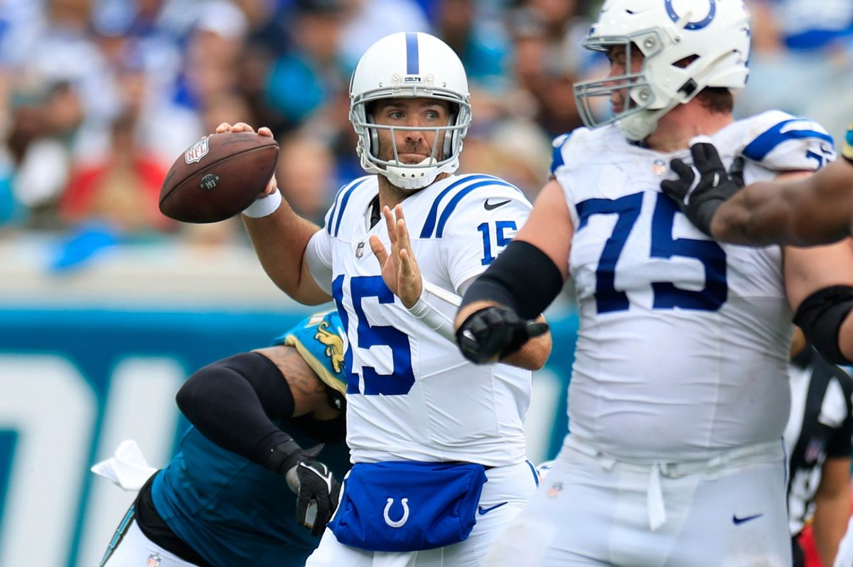Indianapolis Colts quarterback Joe Flacco (15) throws the ball during the second quarter of an NFL football matchup Sunday, Oct. 6, 2024 at EverBank Stadium in Jacksonville, Fla. The Jaguars edged the Colts on a field goal 37-34. [Corey Perrine/Florida Times-Union]