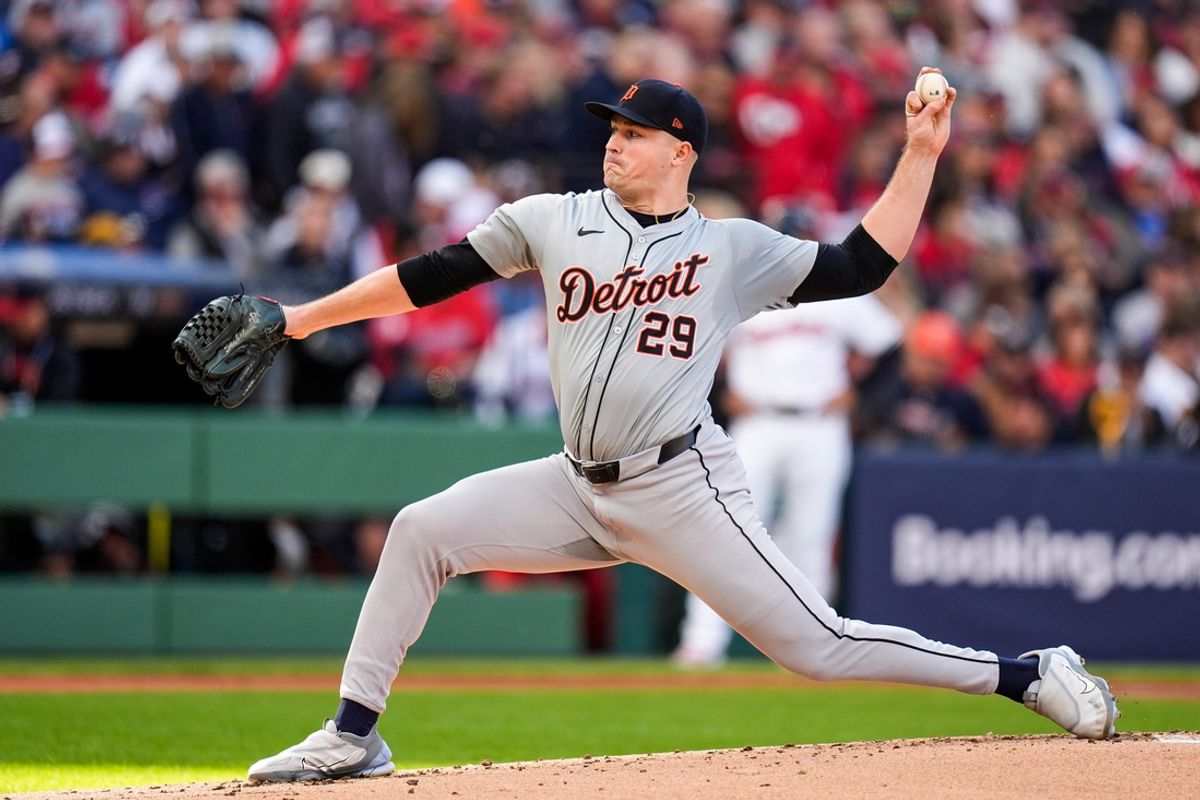 Detroit Tigers pitcher Tarik Skubal (29) throws against Cleveland Guardians during the first inning of Game 2 of ALDS at Progressive Field in Cleveland, Ohio on Monday, Oct. 7, 2024.
