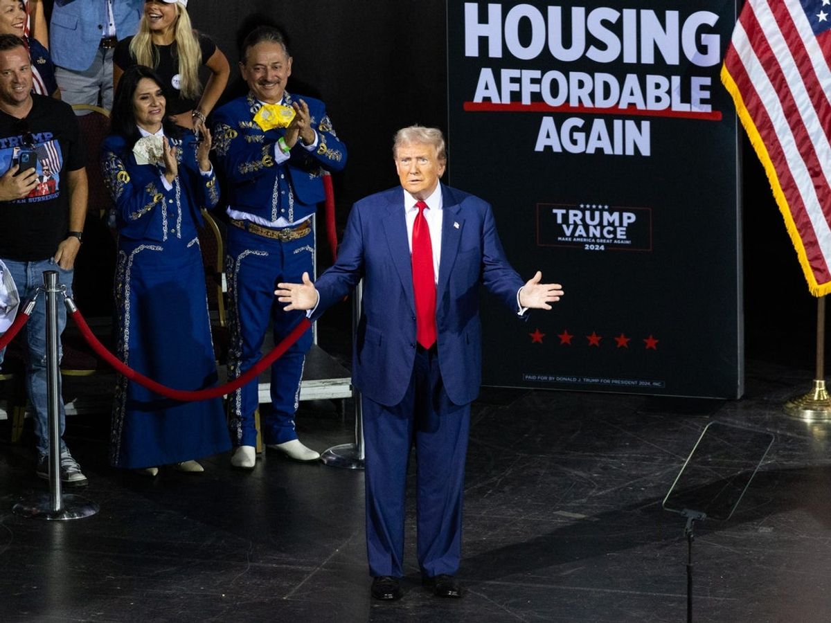 Former President Donald Trump stands before walking to the podium to deliver remarks on Sept. 12, 2024, at the Linda Ronstadt Music Hall in Tucson.
